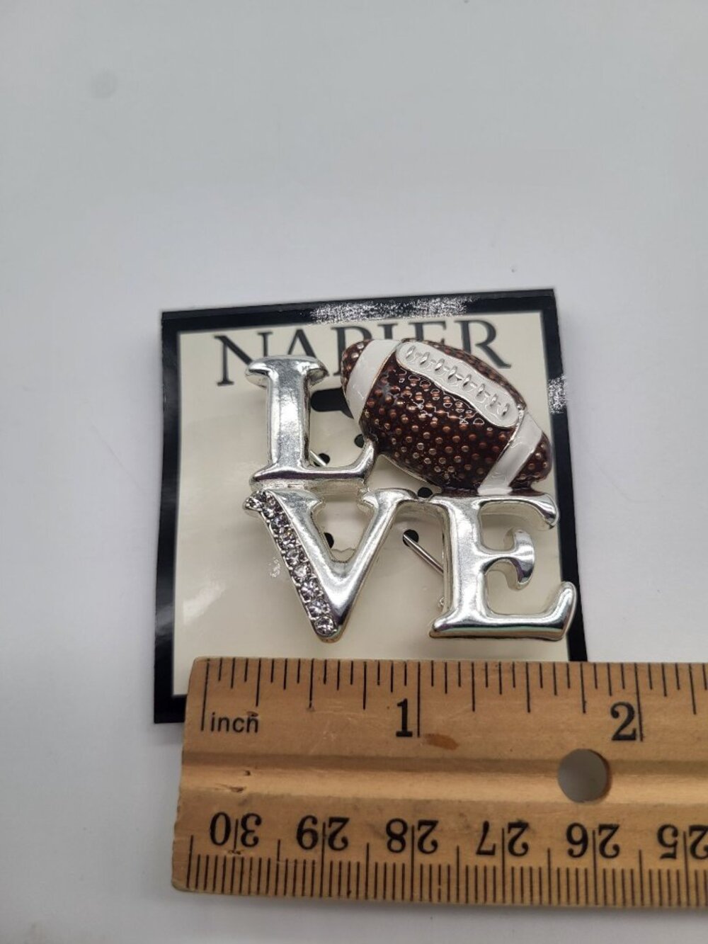 NAPIER LOVE FOOTBALL Silver Tone Rhinestone Pin Brooch - Picture 4 of 4